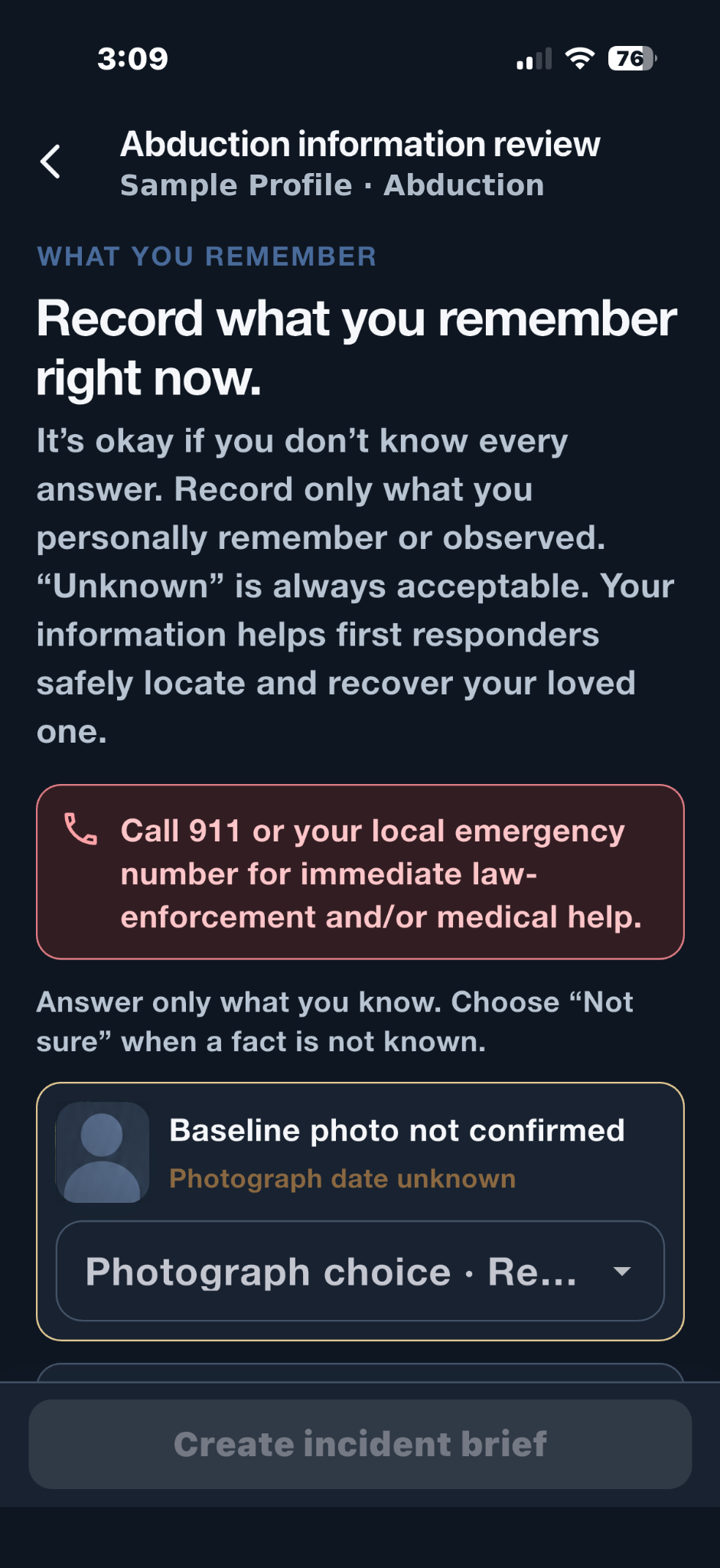 Care Ready abduction review reminding the caregiver to record only what they remember or observed