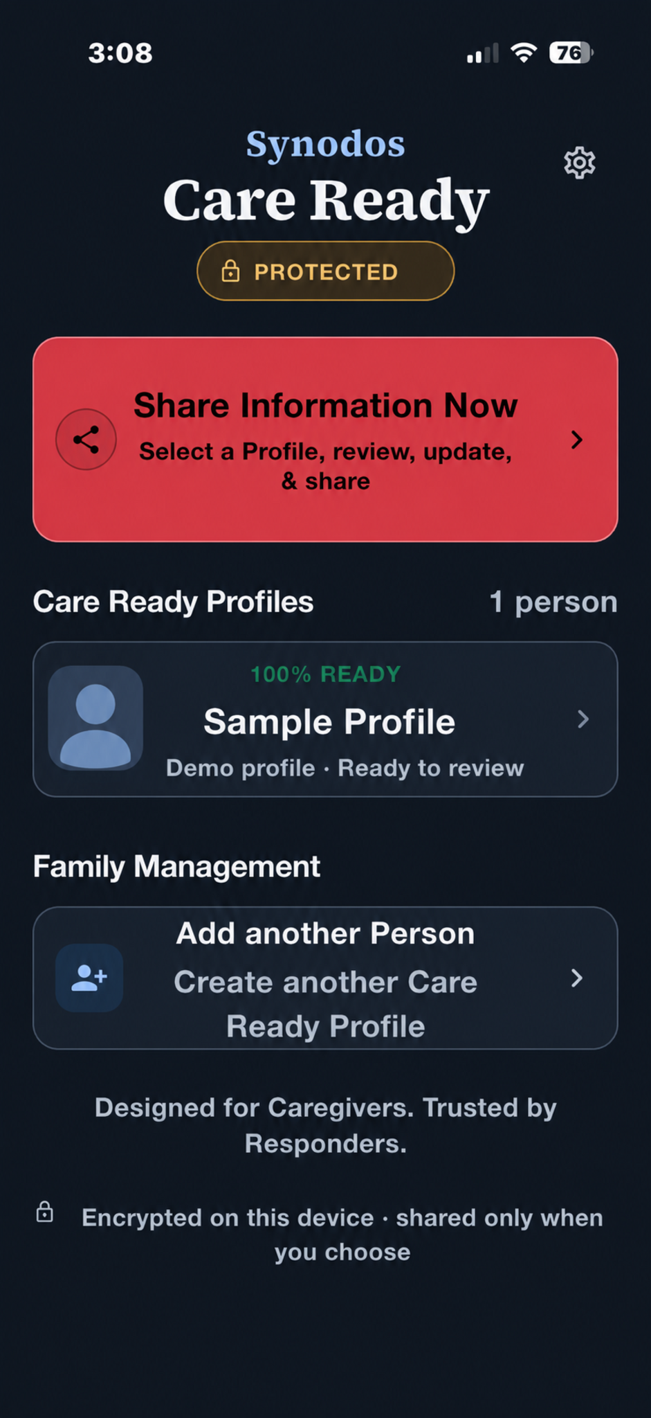 Care Ready proof-of-concept home screen showing a protected local profile and the option to share information