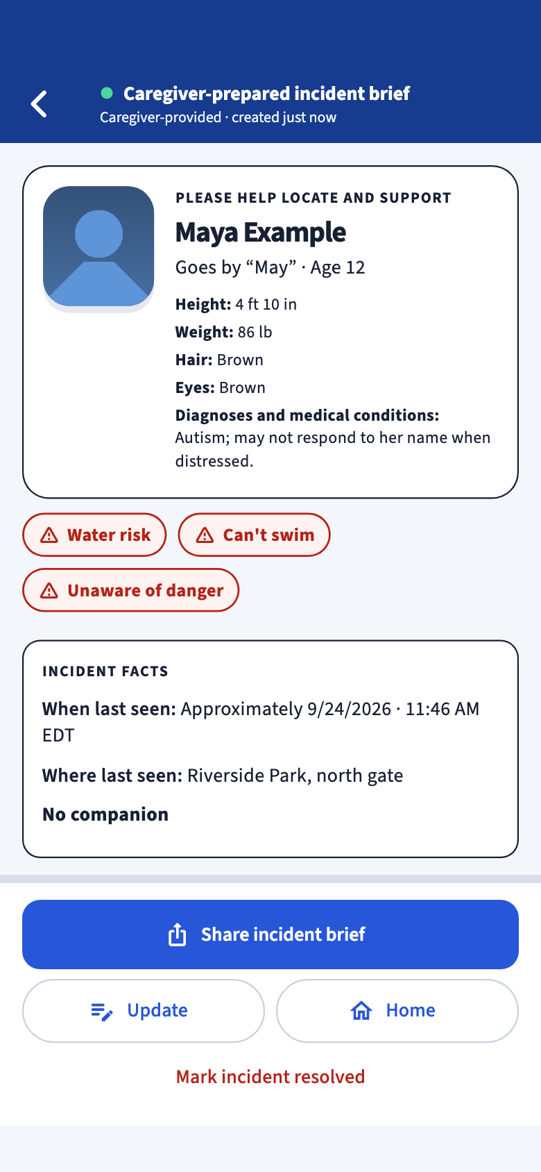 Fictional incident brief for Maya Example with her photo, red Water risk, Can’t swim, and Unaware of danger warnings, and incident facts.