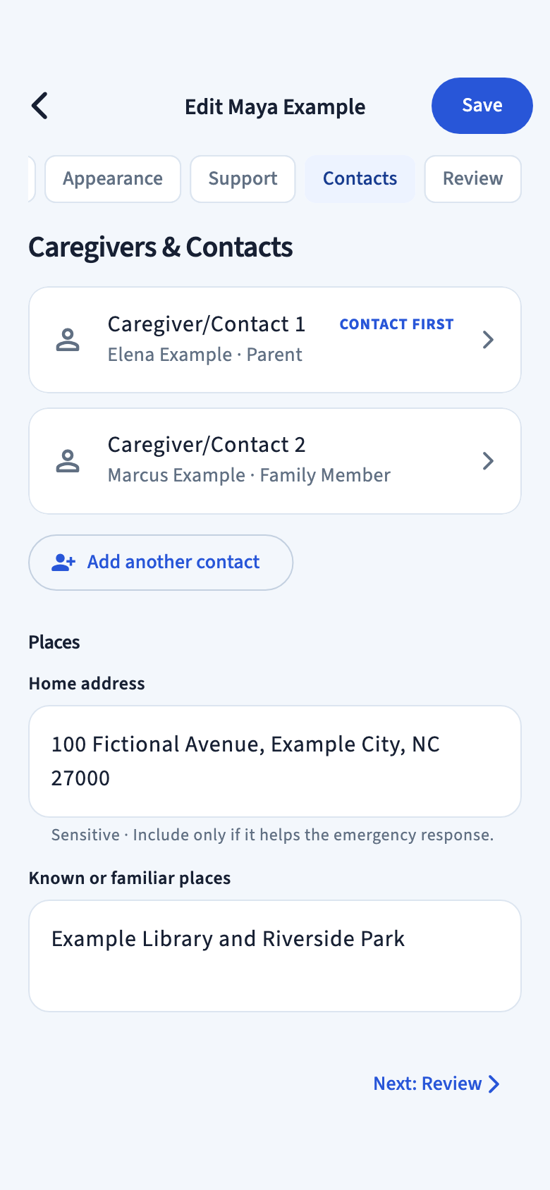 Edit Maya Example on the Contacts tab with two fictional contacts, Add another contact, and places.