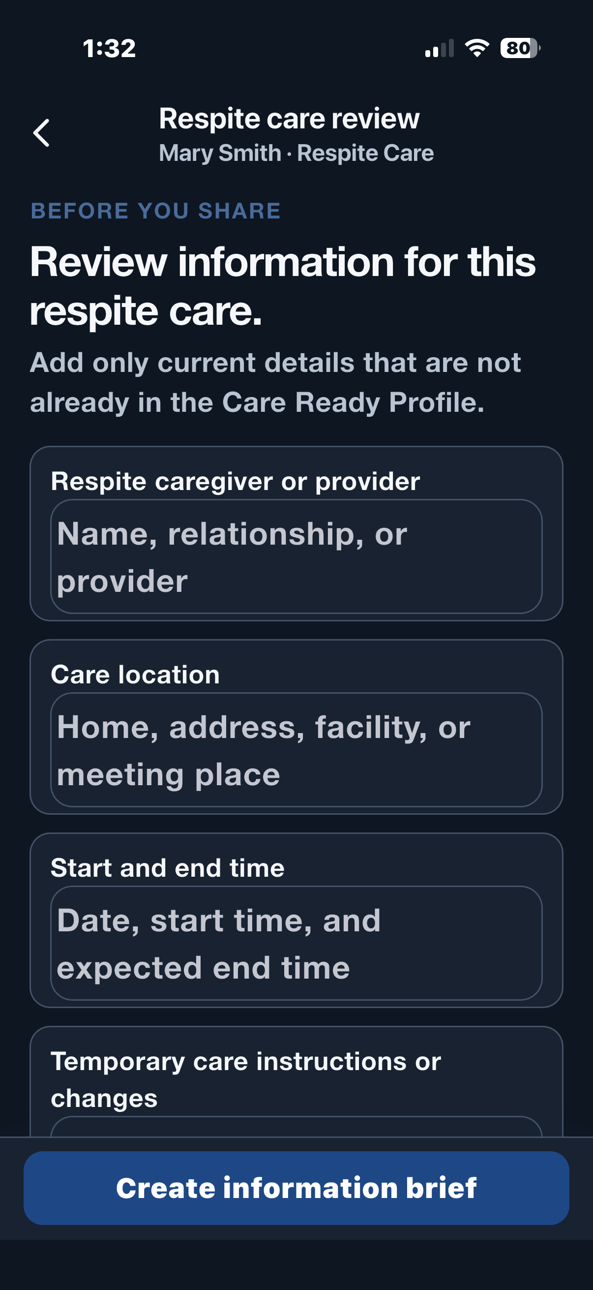 Care Ready Respite Care review screen using fictitious sample information
