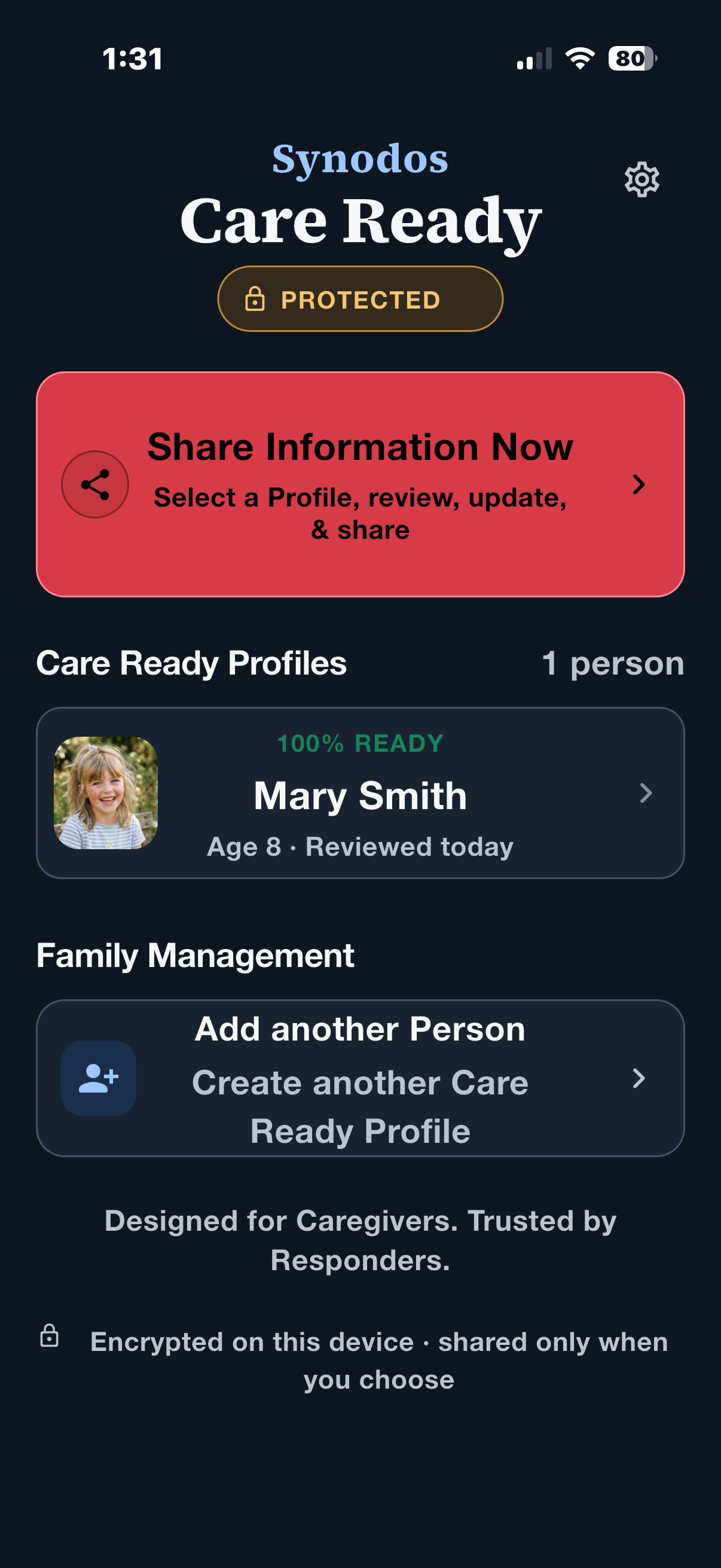 Synodos Care Ready home screen showing a fictitious sample profile and the Share Information Now action