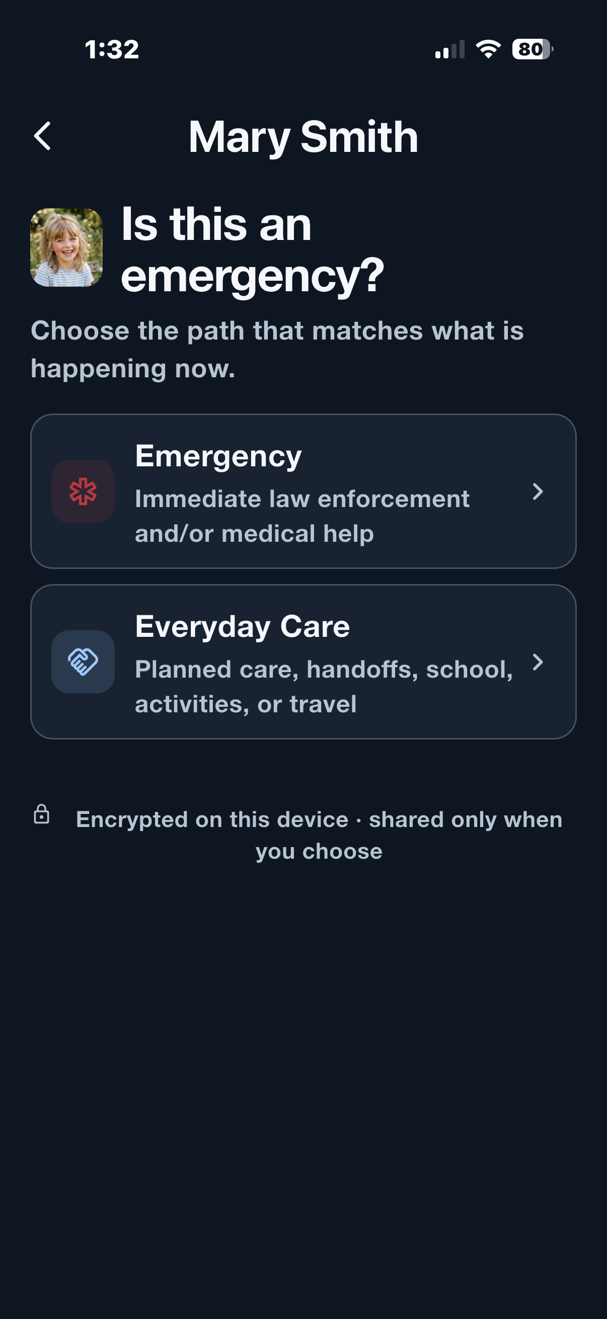 Care Ready screen offering Emergency and Everyday Care paths for a fictitious sample profile