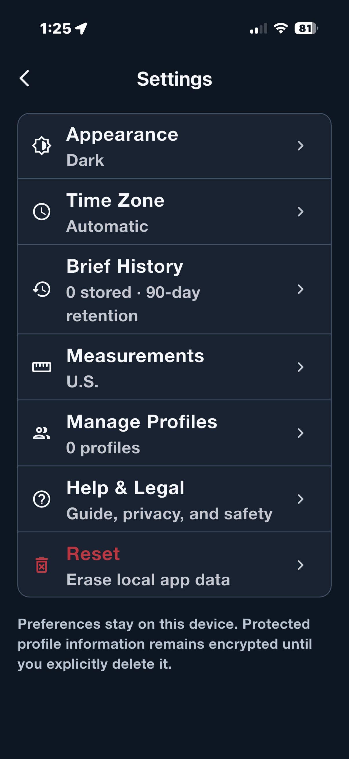 Care Ready settings screen showing Brief History and local profile controls