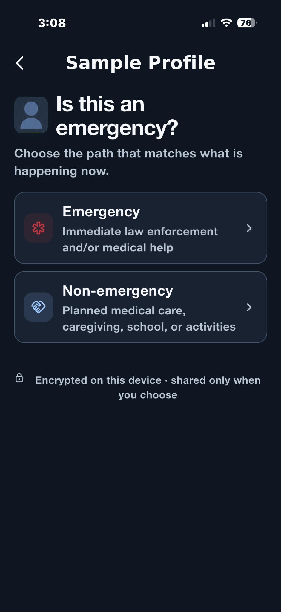 Care Ready screen asking whether the current situation is an emergency