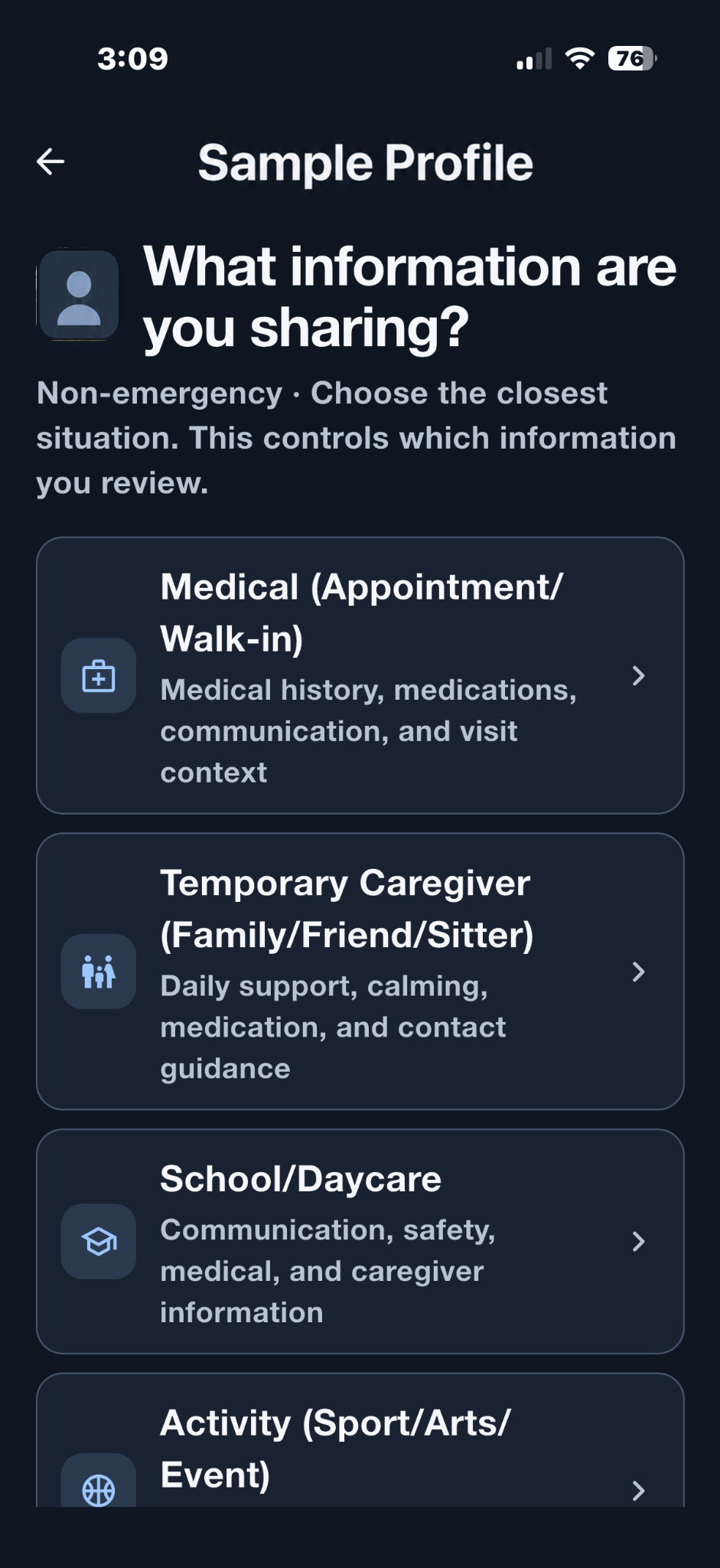 Care Ready non-emergency sharing choices for medical care, temporary caregivers, school, and activities