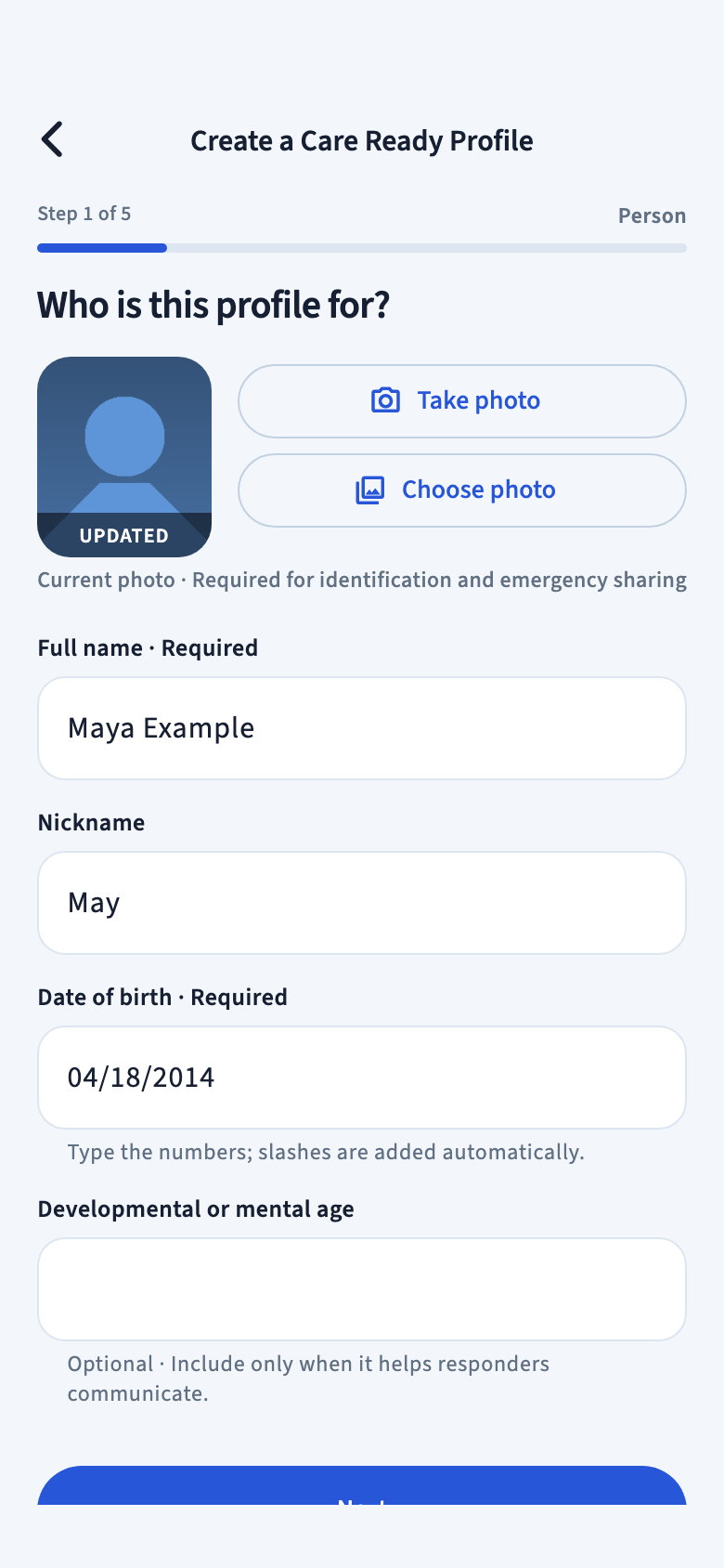 First setup screen with Maya Example’s fictional name, nickname, date of birth, and photo.