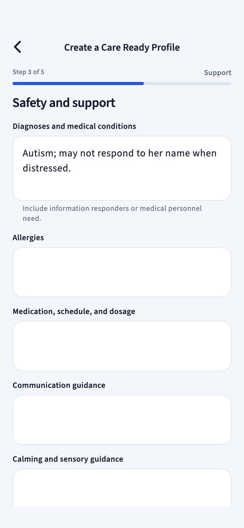 Safety and support screen with a fictional medical note and empty allergy and medication fields.
