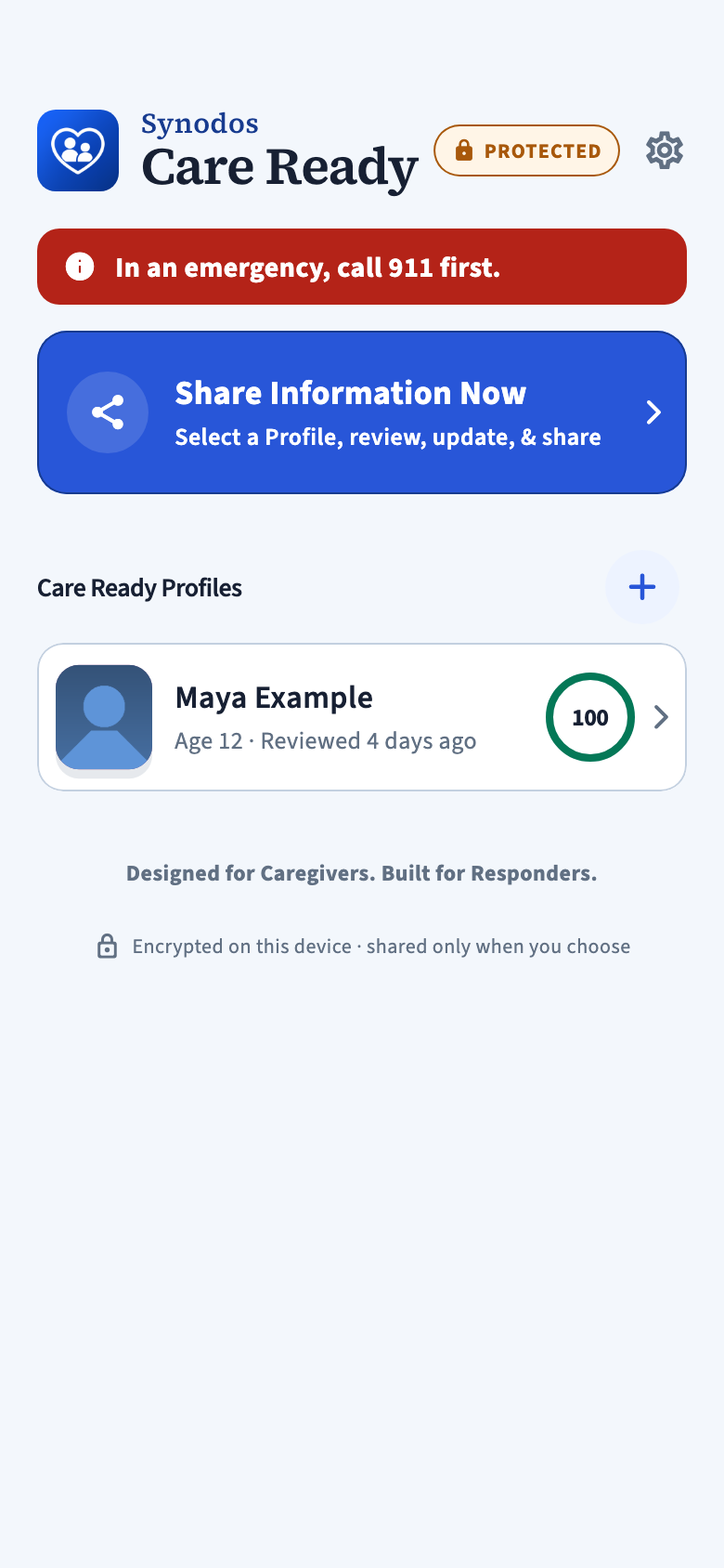 Care Ready Home with the red 911 strip, Share Information Now, and Maya Example’s card with a readiness ring.
