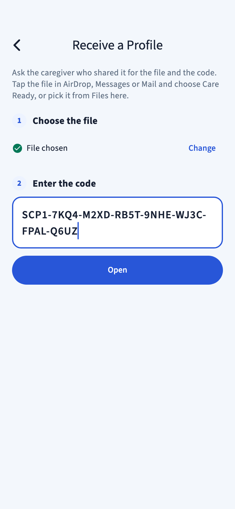 Receive a Profile screen with the file chosen and a fictional sharing code entered.