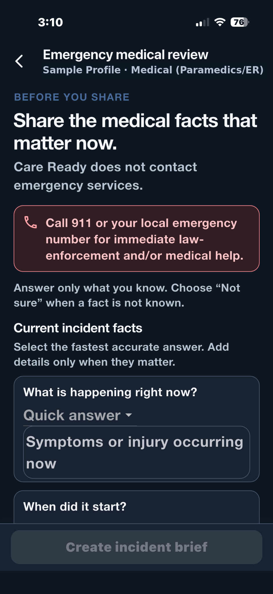 Care Ready emergency medical review asking for current incident facts